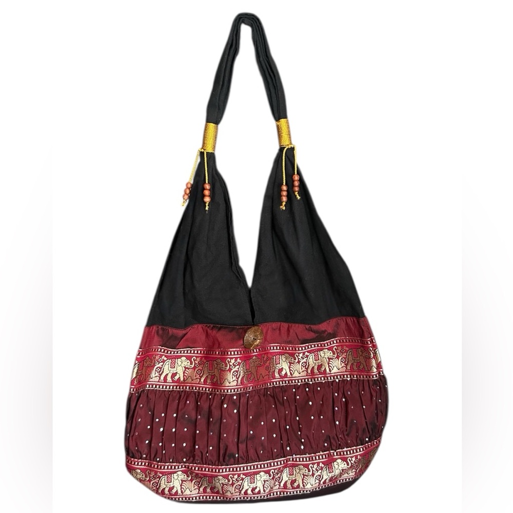 Handmade Thai silk Boho hobo shoulder bag Red Gold elephant print.